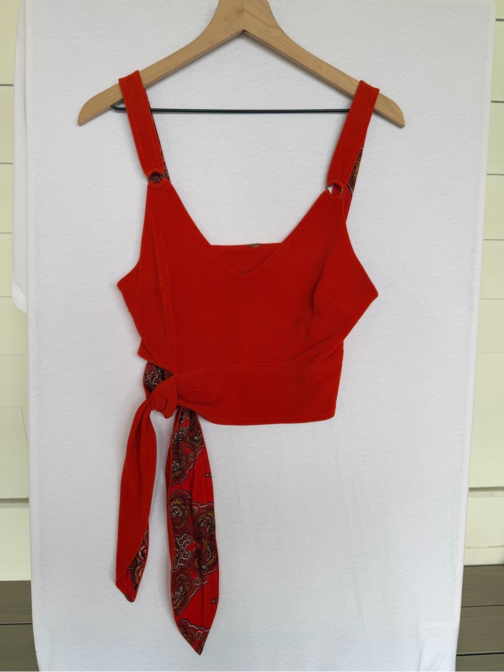 Free People Red Wrap Crop Top Paisley Tie Open Back Boho Festival Size M